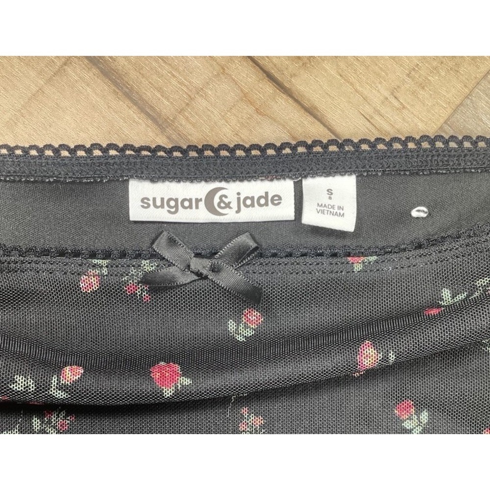 Y2K Mesh Floral Midi Skirt Black Sheer Overlay Stretch Small Cottagecore - Picture 2 of 7